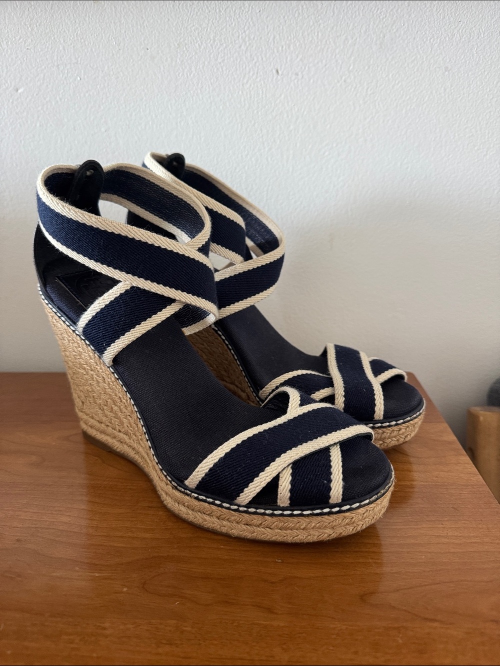 Tory Burch Navy and Cream Espadrille Wedge Sandals - Picture 4 of 5
